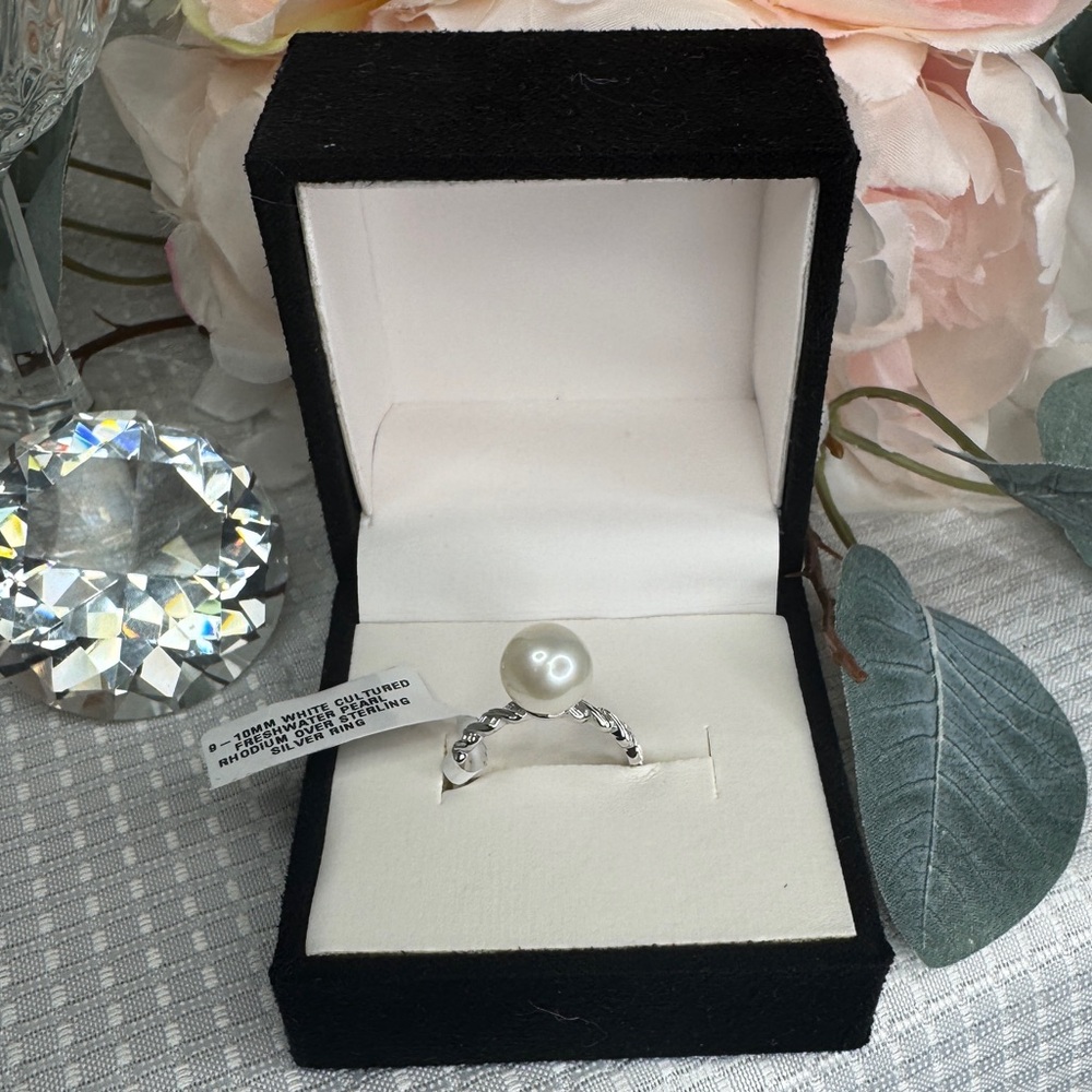 9-10mm Rhodium Sterling Silver Solitaire Freshwater Pearl Ring Size 9